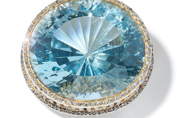 Blue topaz and diamond brooch by Carl Fabergeě