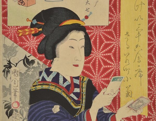 Toyohara Kunichika 豊原 国周 (1835 – 1900), The Geisha Kogiku Looking at Photographs, 1870, Colour print from woodblocks © Collection_ Frank Milner.