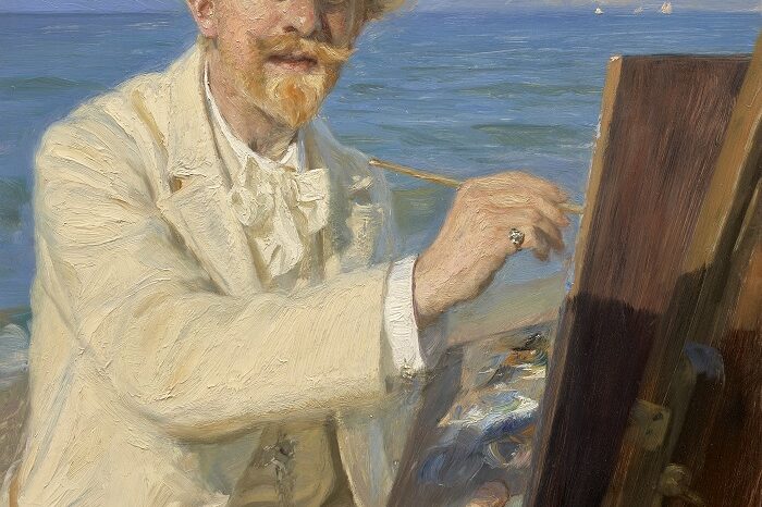 P. S. Krøyer, Self Portrait, Sitting by His Easel at Skagen Beach, 1902